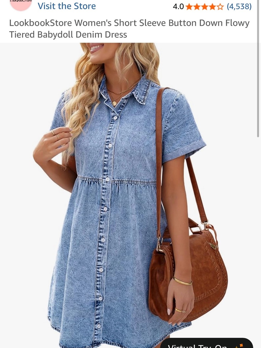 LookbookStore Washed Blue Denim Button-Down Babydoll Dress